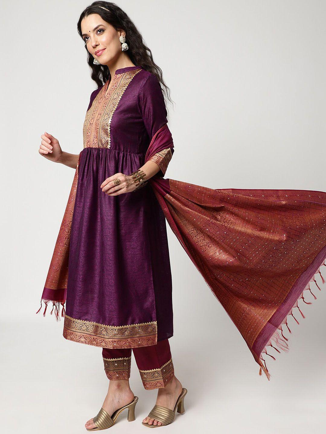 pannkh women purple floral yoke design regular gotta patti kurta with trousers & with dupatta