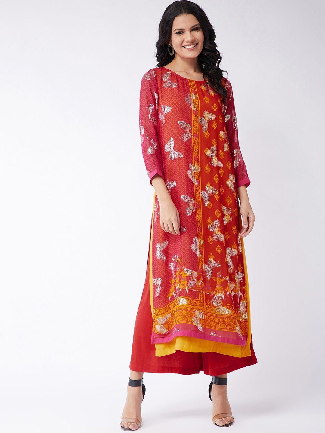 pannkh women red printed lurex embellished sindoor flared sleeves kurta