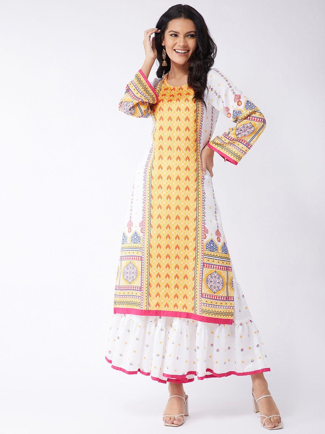 pannkh women white ethnic motifs printed kurta with sharara