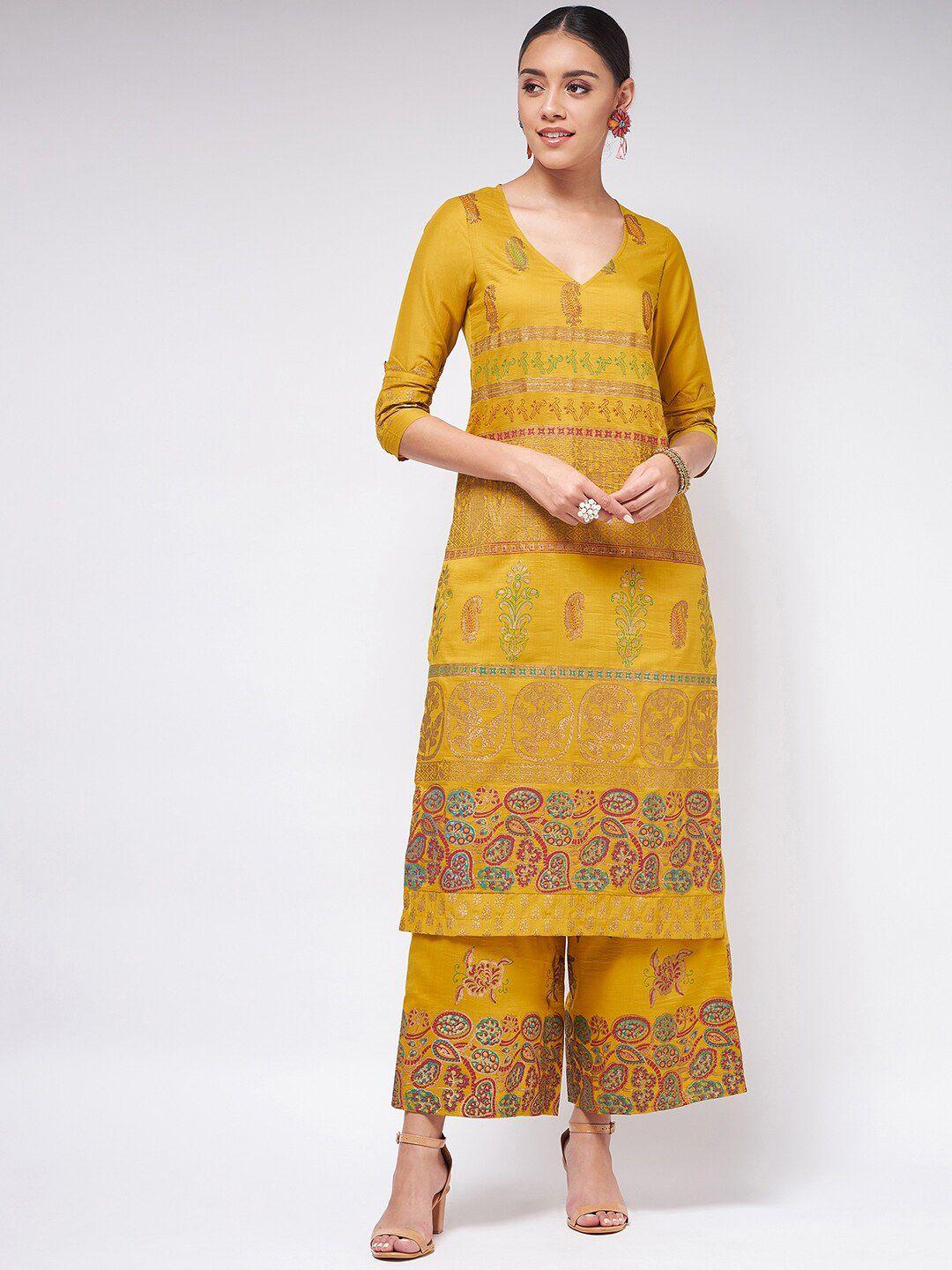 pannkh women yellow ethnic motifs printed kurta with palazzos
