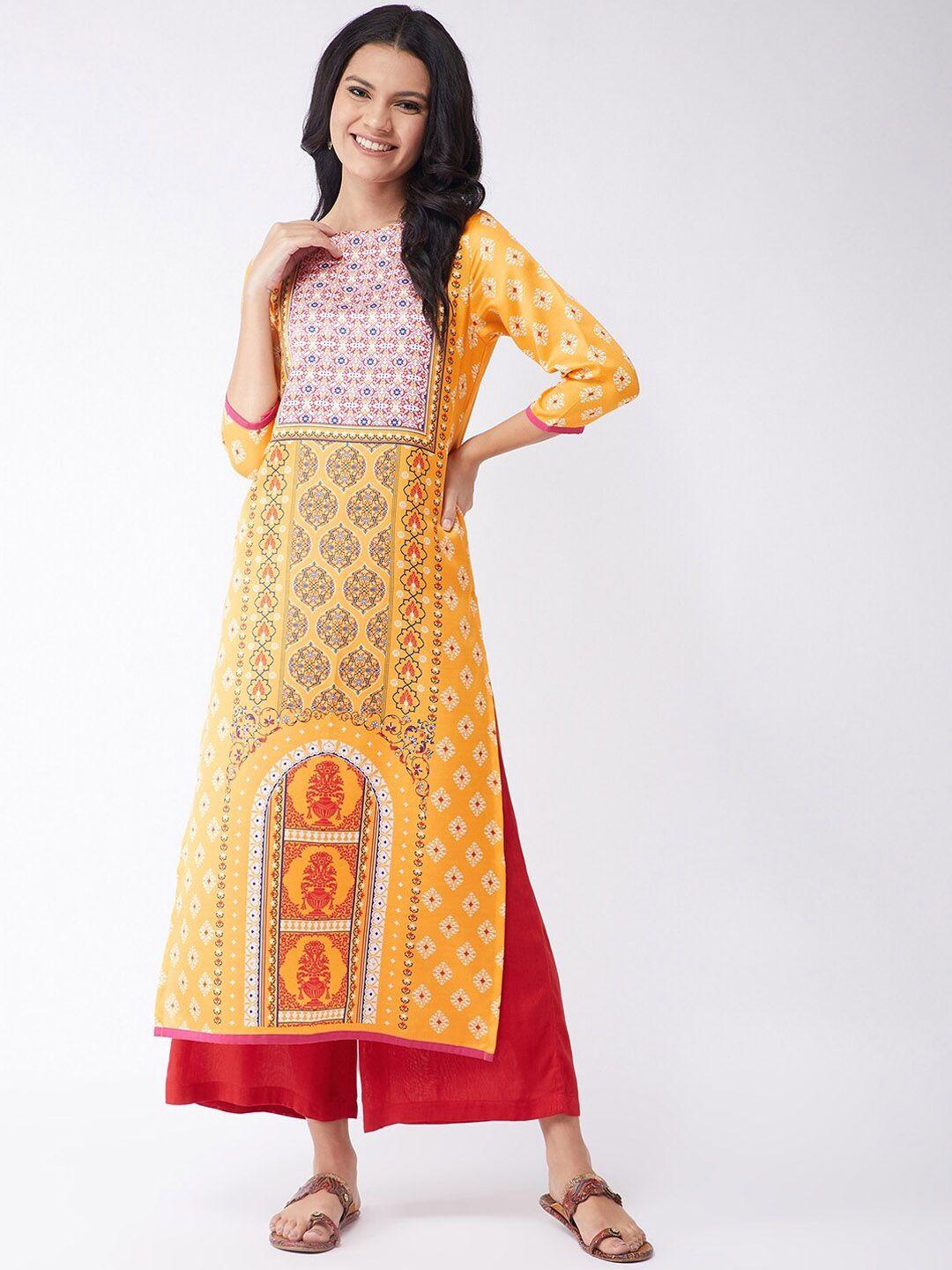 pannkh women yellow ethnic motifs printed kurta