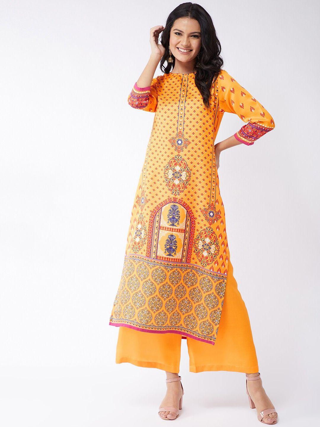 pannkh women yellow ethnic motifs printed kurta