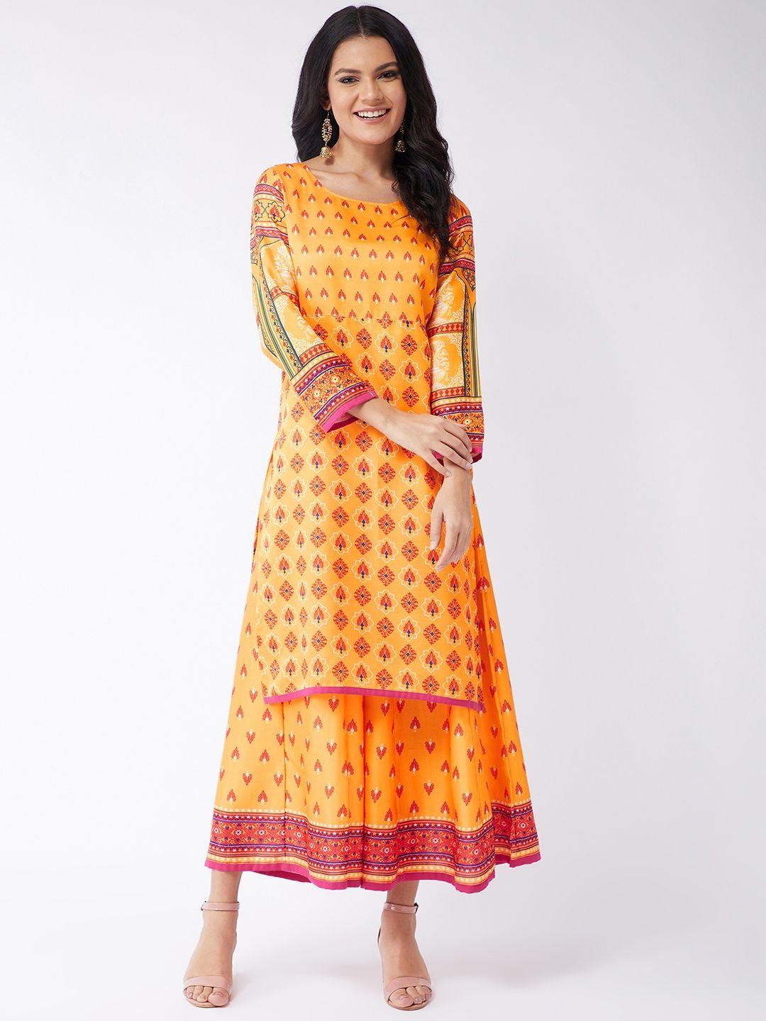 pannkh women yellow ethnic motifs printed regular kurta with palazzos