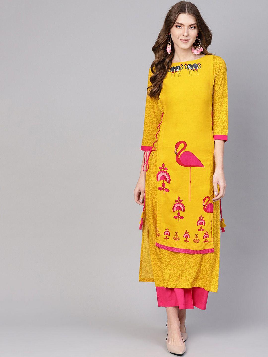 pannkh women yellow flamingo printed side dori straight kurta