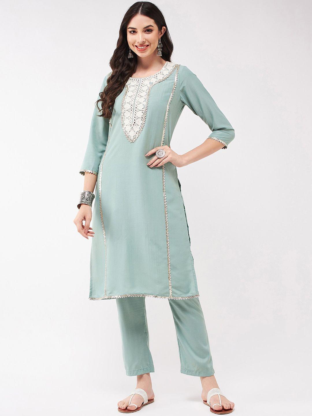 pannkh yoke design mirror work three-quarter sleeves kurta