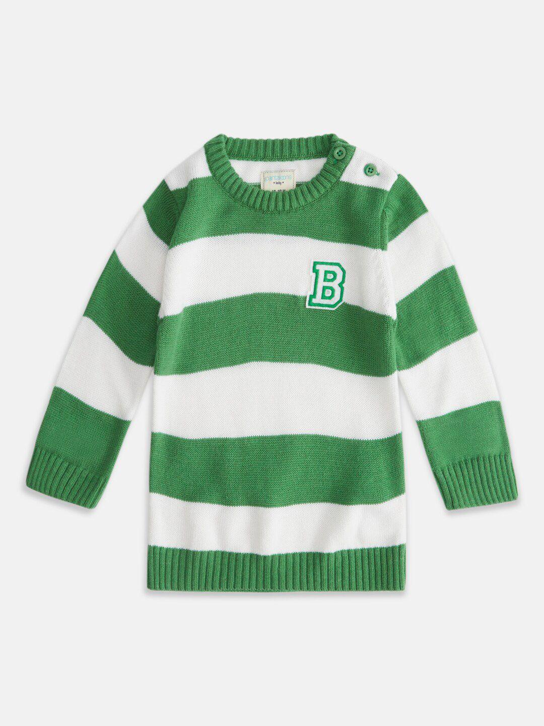 pantaloons baby boys green & white colourblocked striped pullover with applique detail