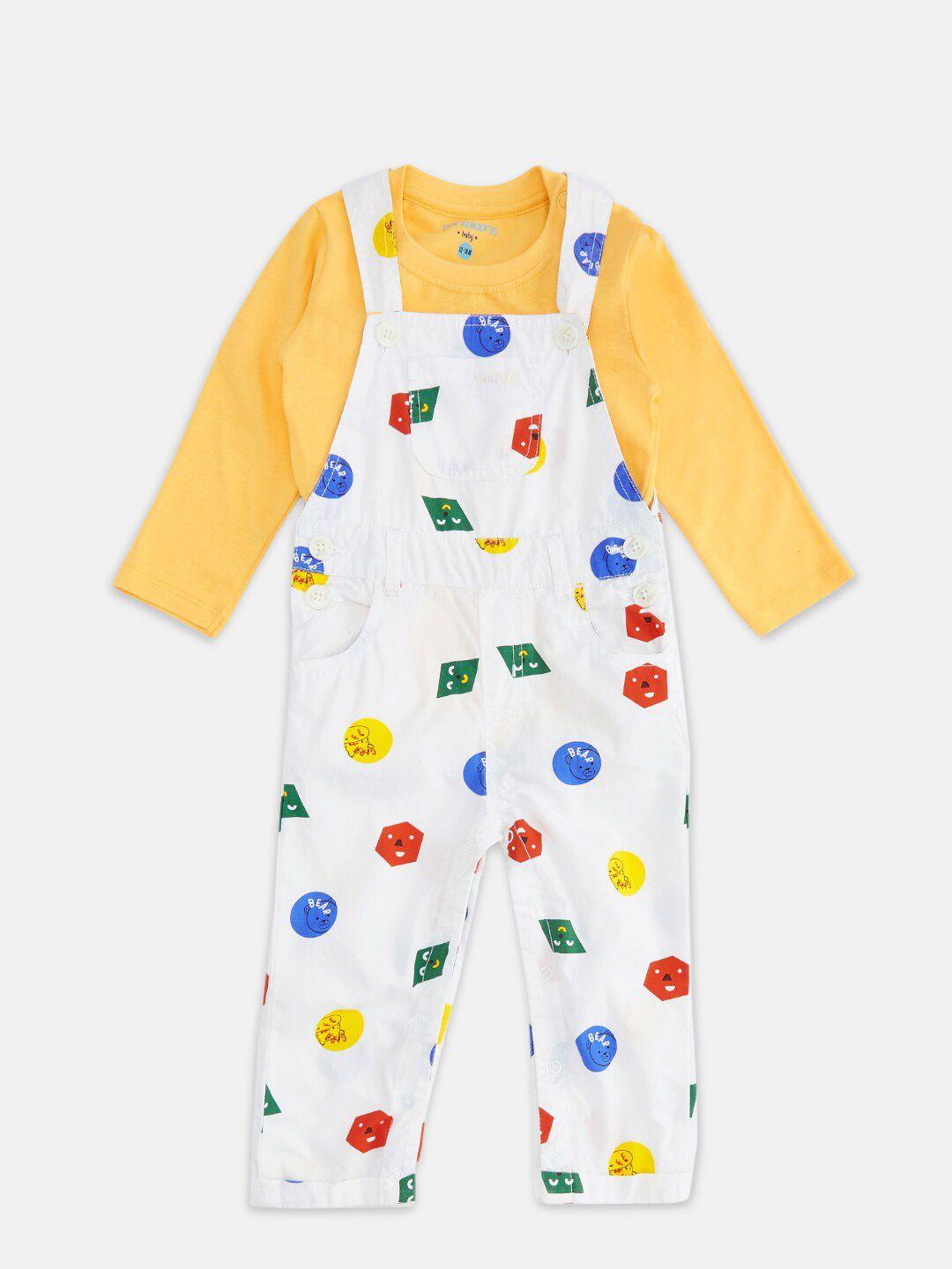 pantaloons-baby-boys-white-&-yellow-printed-pure-cotton-t-shirt-with-dungaree