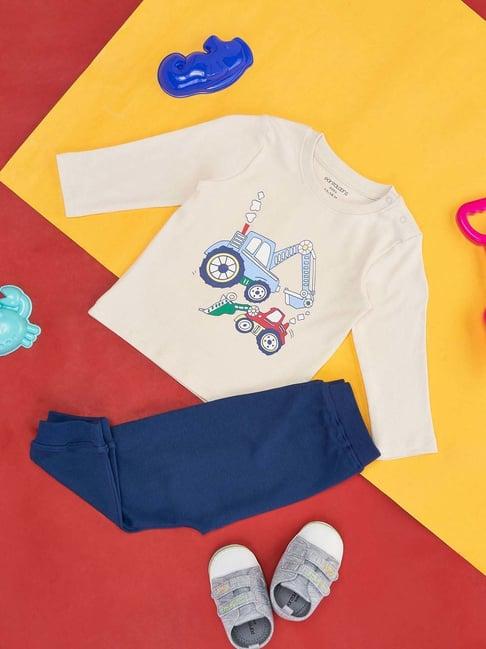 pantaloons baby cream & navy cotton printed full sleeves t-shirt set