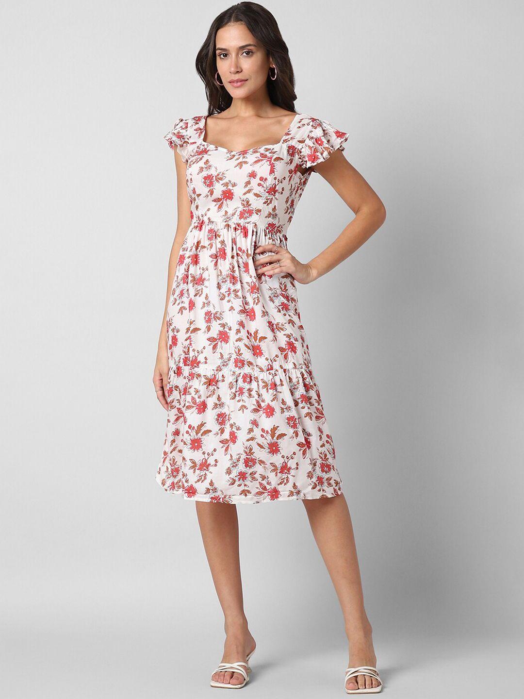 pantaloons floral printed sweetheart neck flutter sleeves fit & flare dress