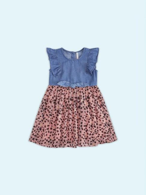 pantaloons junior blue & pink cotton printed dress
