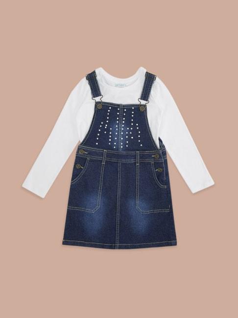 pantaloons-junior-blue-&-white-cotton-embellished-full-sleeves-dungaree-set