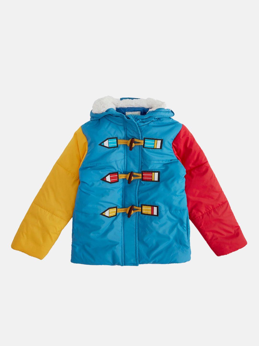 pantaloons junior boys blue yellow colourblocked puffer jacket with patchwork