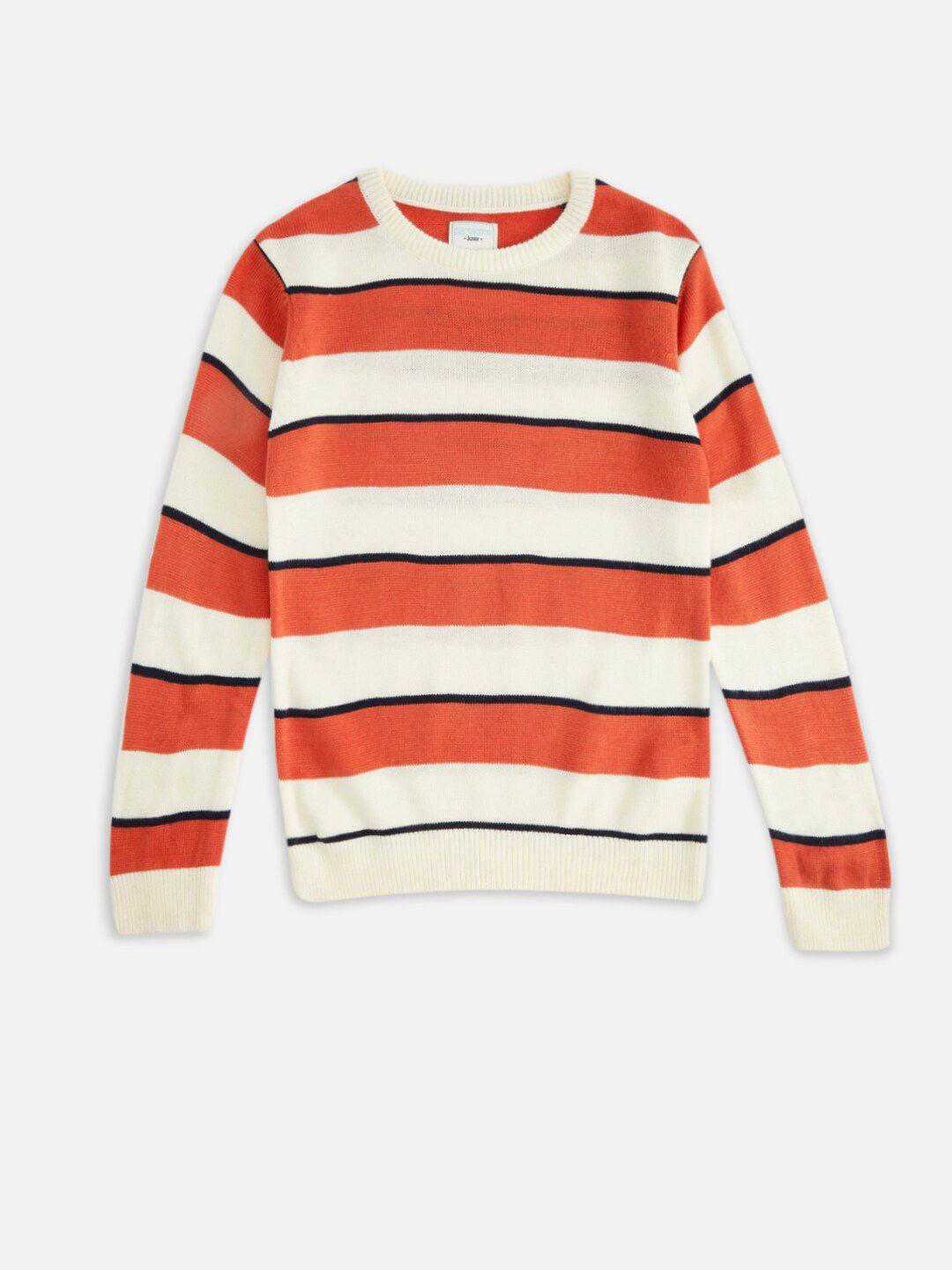 pantaloons junior boys coral & orange striped cotton pullover