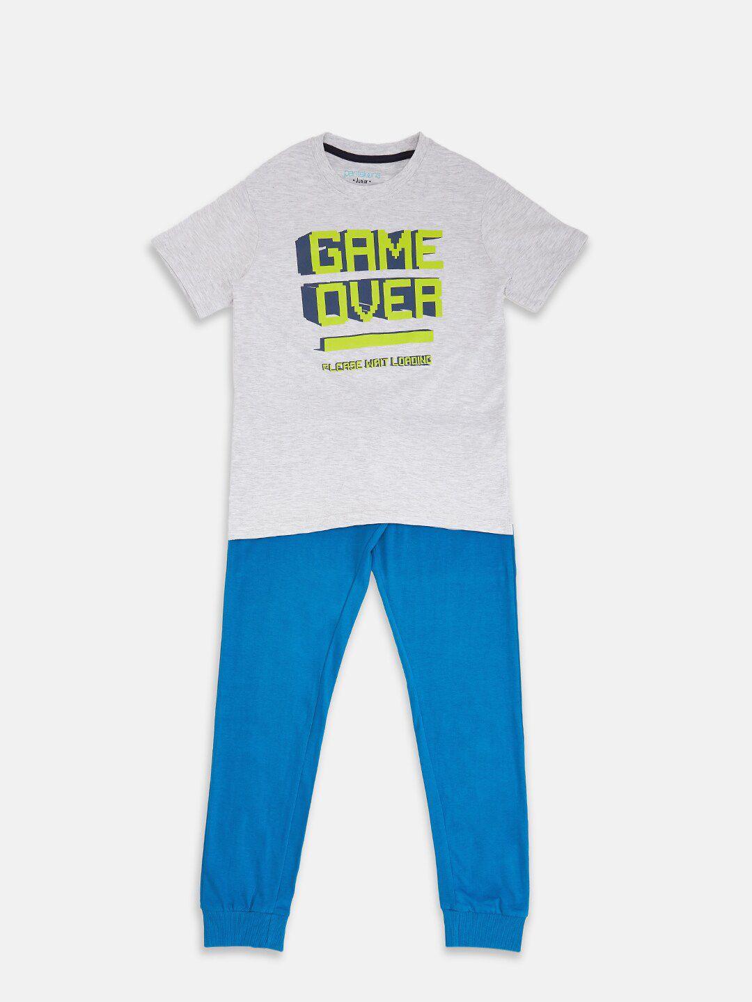 pantaloons junior boys grey melange & blue printed pure cotton t-shirt with pyjamas