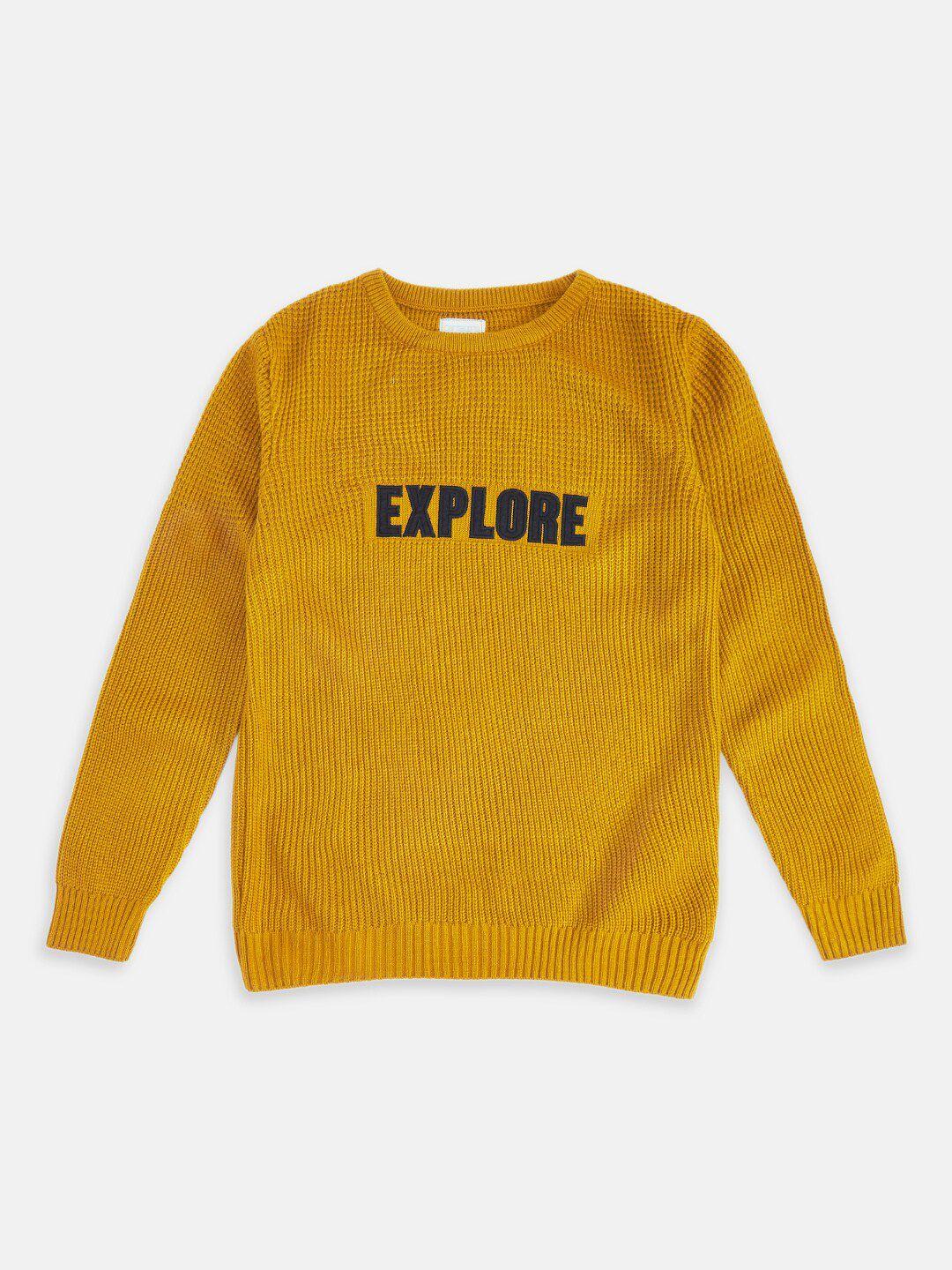 pantaloons junior boys mustard & black typography pullover with applique detail