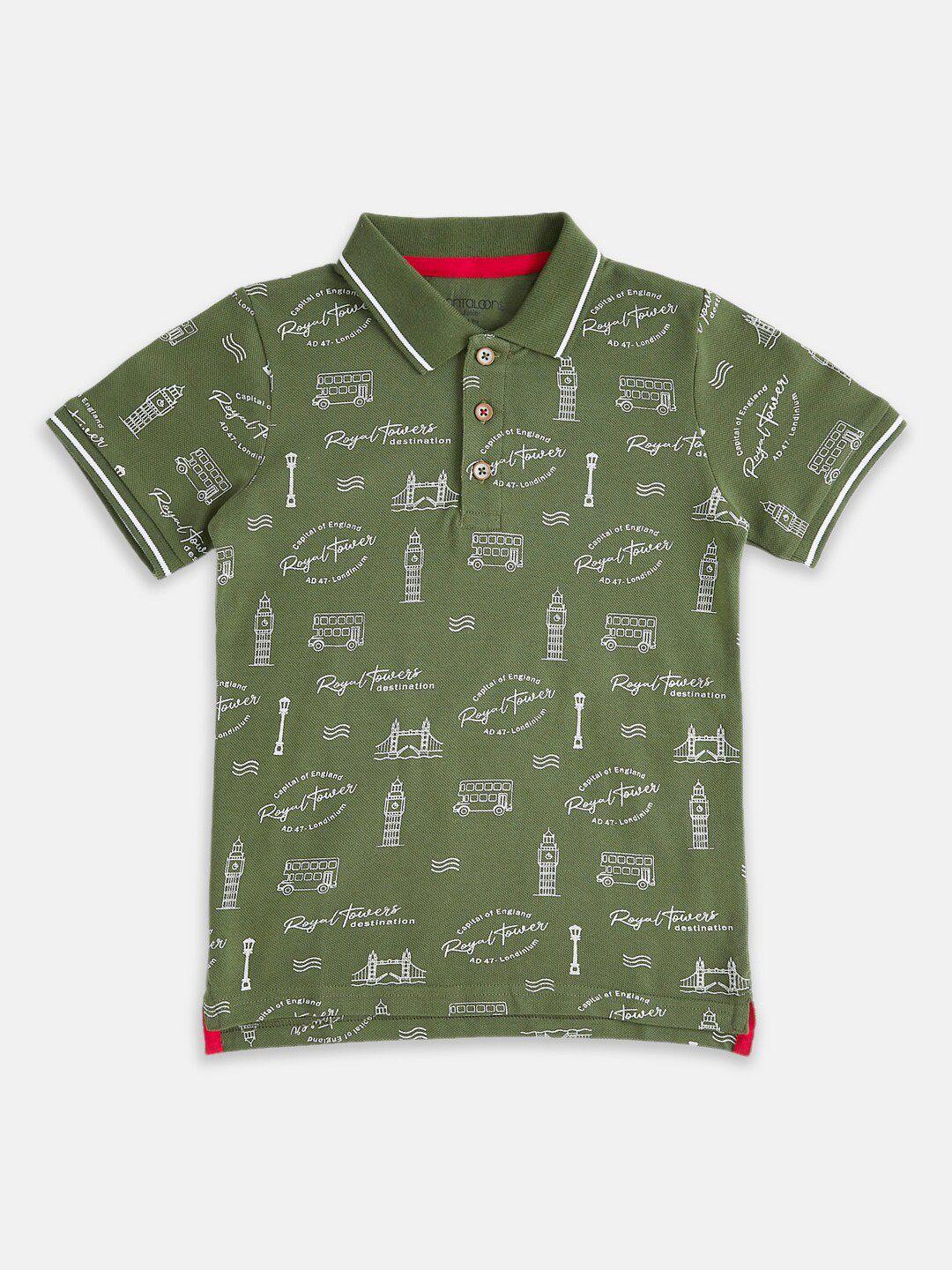 pantaloons junior boys olive green printed polo collar applique t-shirt