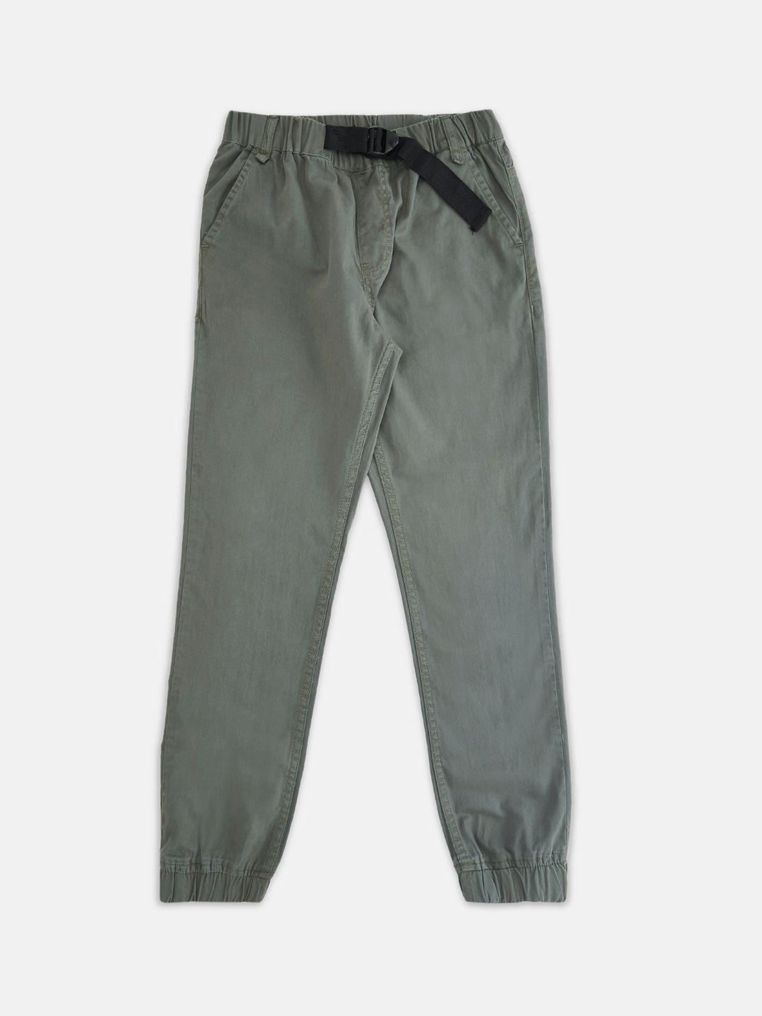 pantaloons junior boys olive green solid pure cotton joggers