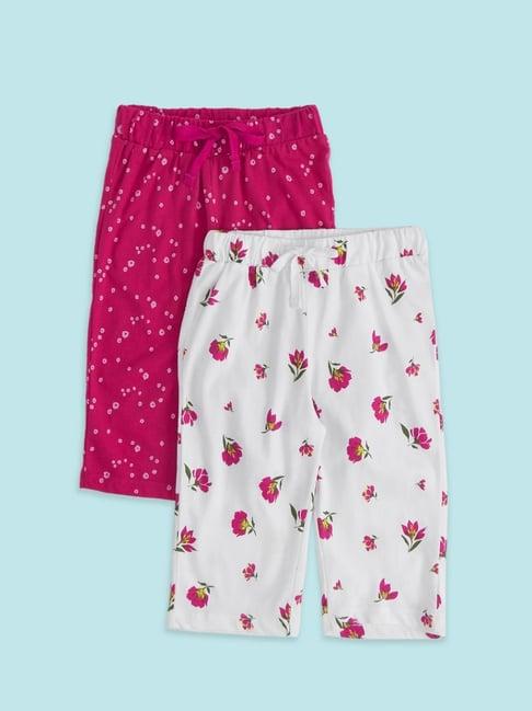 pantaloons junior fuchsia pink & white cotton floral print capri (pack of 2)