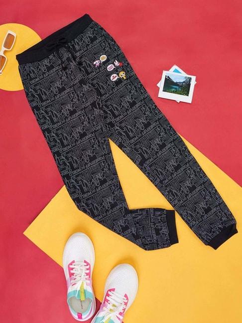pantaloons junior kids black cotton printed trackpants