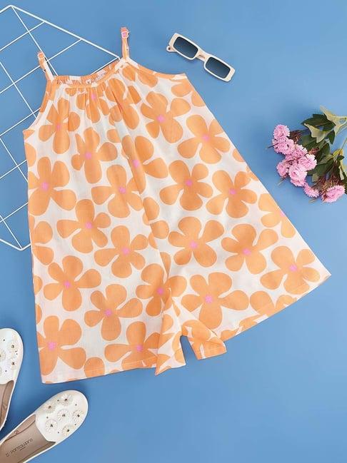 pantaloons junior kids orange & pink cotton floral print jumpsuit