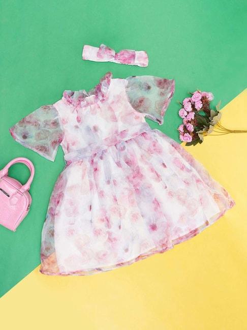 pantaloons junior kids white & pink cotton floral print dress