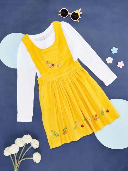 pantaloons-junior-mustard-&-white-embroidered-full-sleeves-dungaree-dress-set