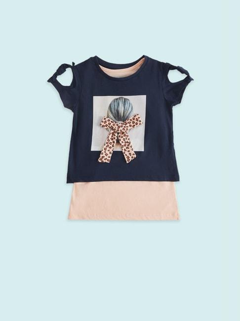 pantaloons-junior-navy-&-peach-cotton-printed-t-shirt-set