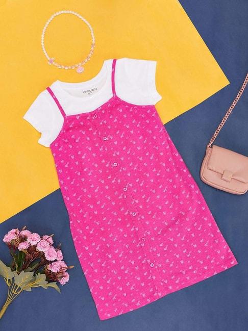 pantaloons junior pink & white cotton floral print dress set