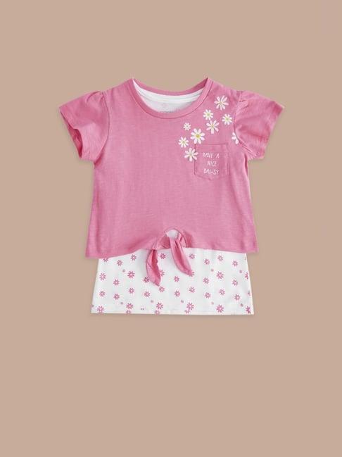 pantaloons-junior-pink-&-white-cotton-floral-print-t-shirt-set
