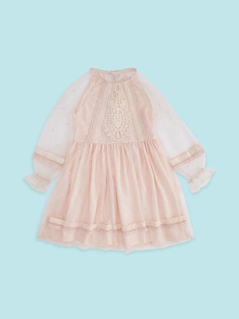 pantaloons junior pink cotton embroidered full sleeves dress