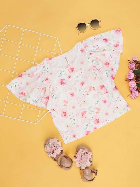 pantaloons junior white & pink floral print top