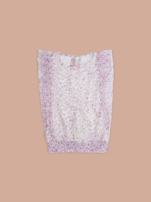 pantaloons junior white & purple cotton floral print top