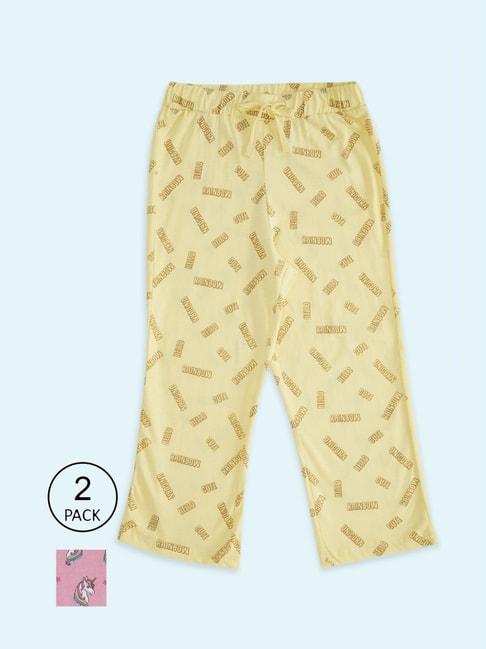 pantaloons junior yellow & pink cotton printed capri (pack of 2)
