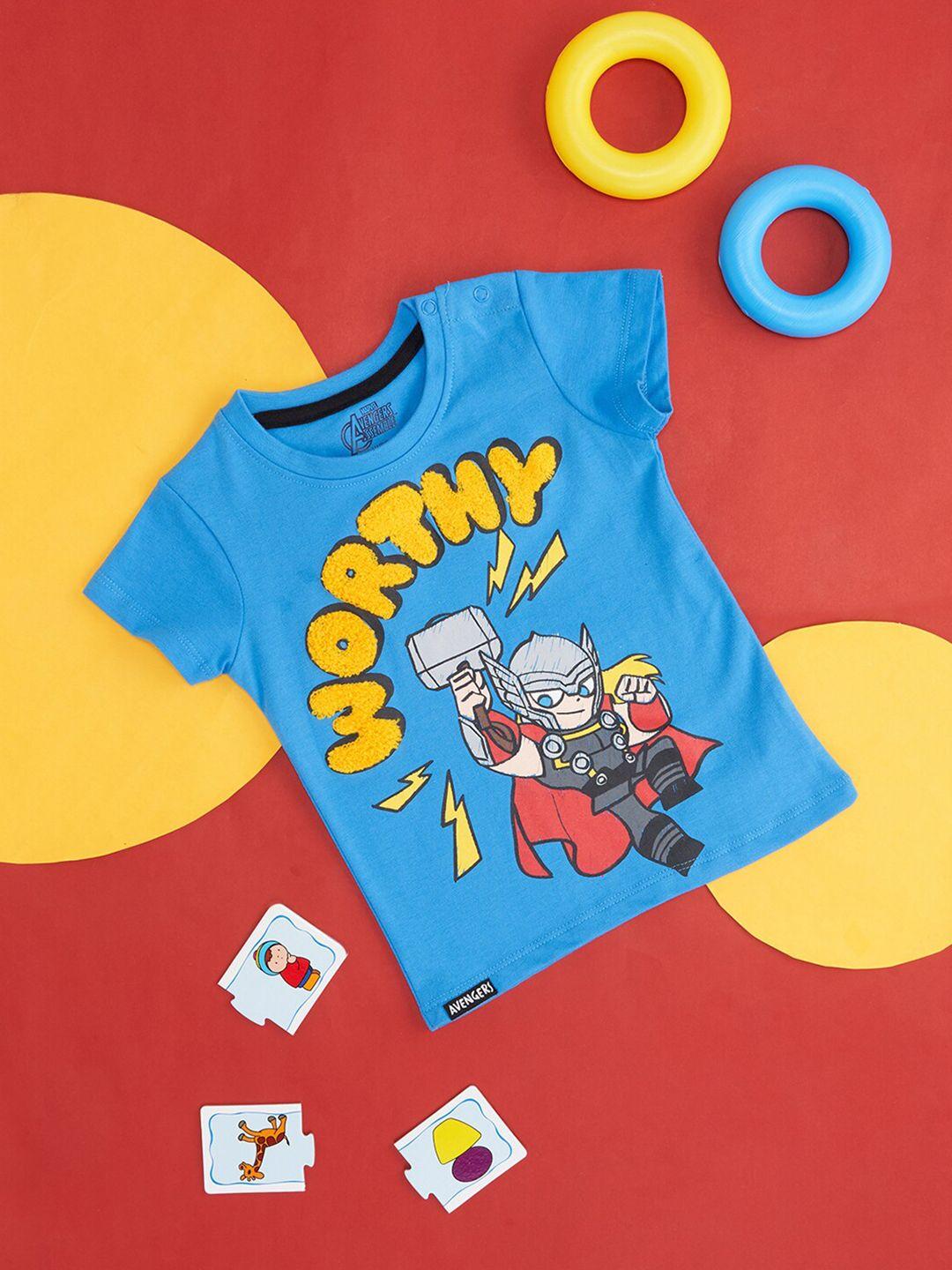 pantaloons baby boys blue avengers printed applique t-shirt