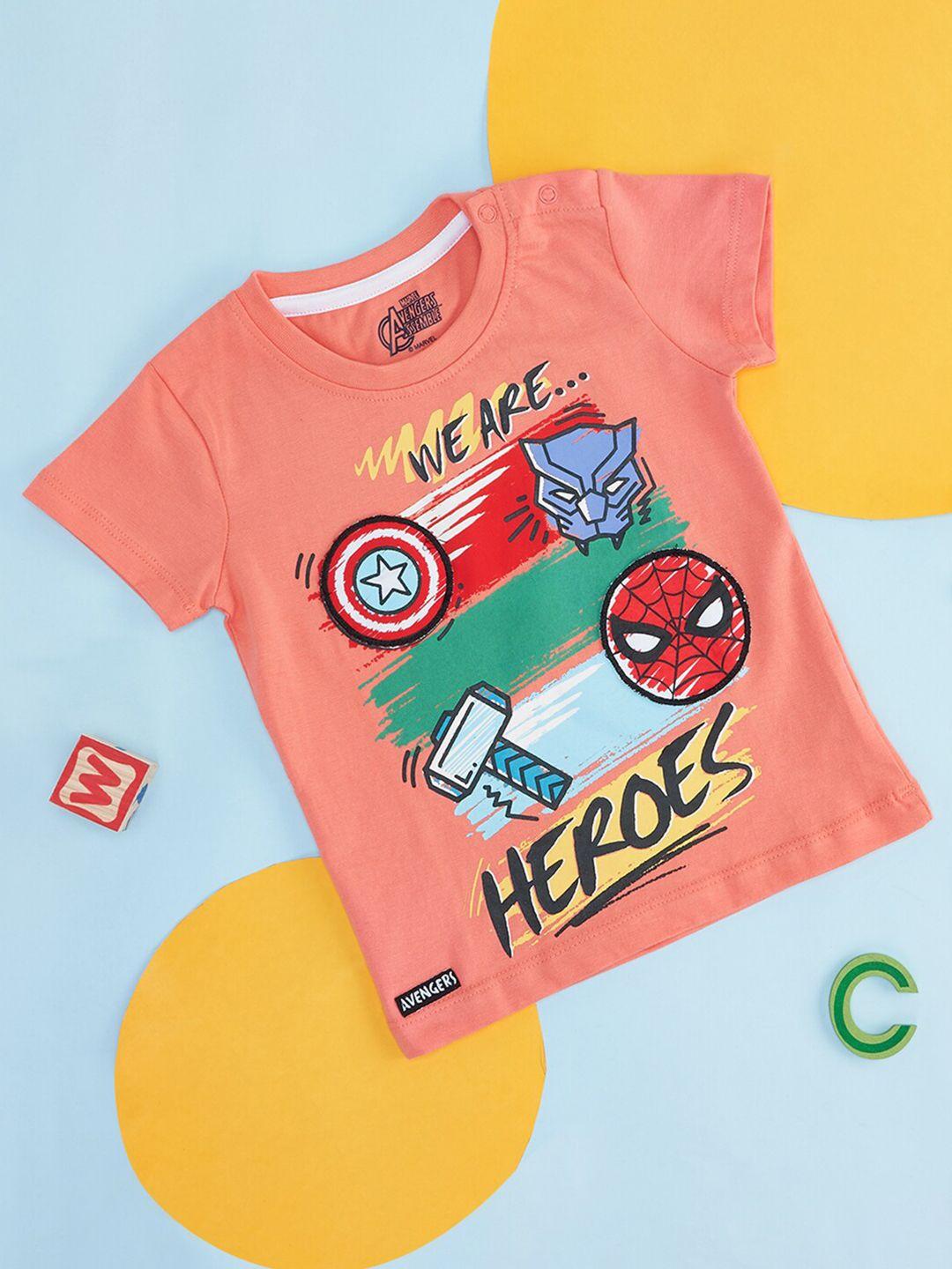 pantaloons baby boys coral typography avengers printed applique t-shirt