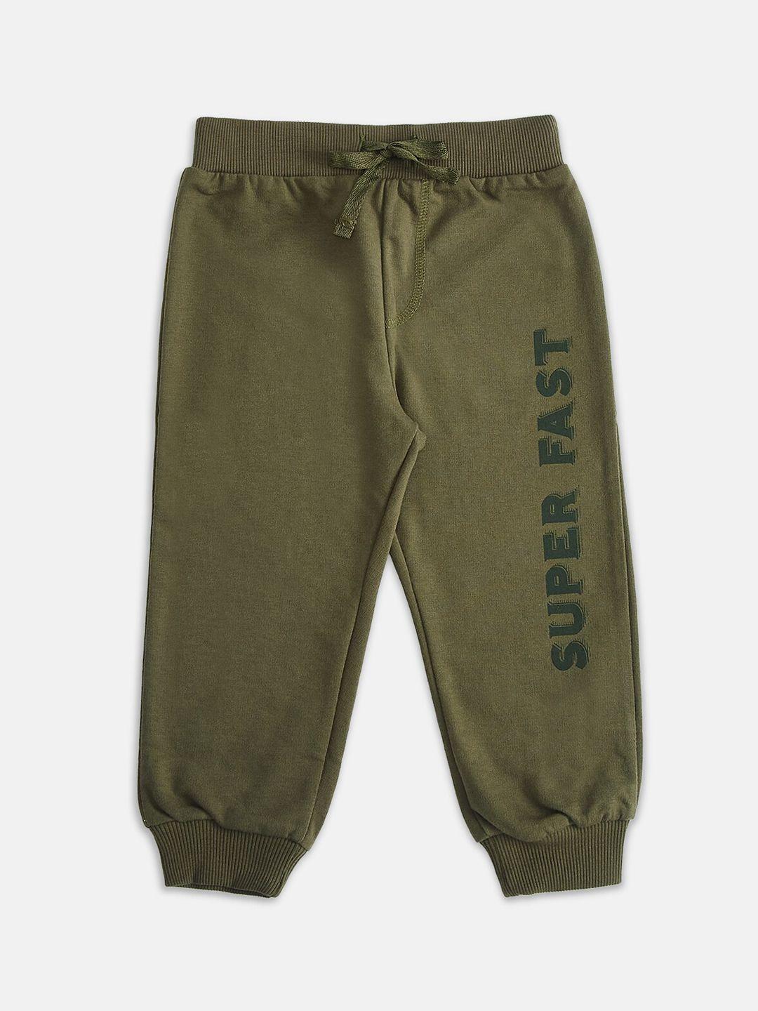 pantaloons baby boys olive green & black typography printed pure cotton joggers