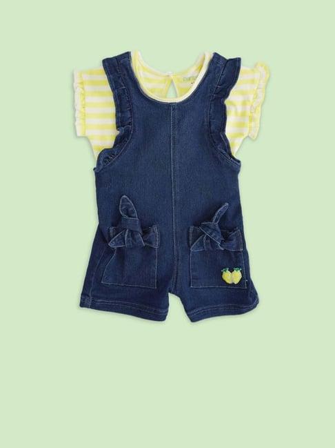 pantaloons baby kids blue & yellow striped dungaree set
