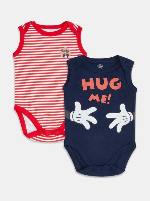 pantaloons baby kids navy & red cotton striped mickey bodysuit (pack of 2)