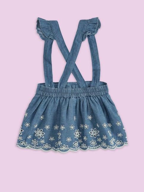 pantaloons baby kids white & blue cotton embroidered dungaree set