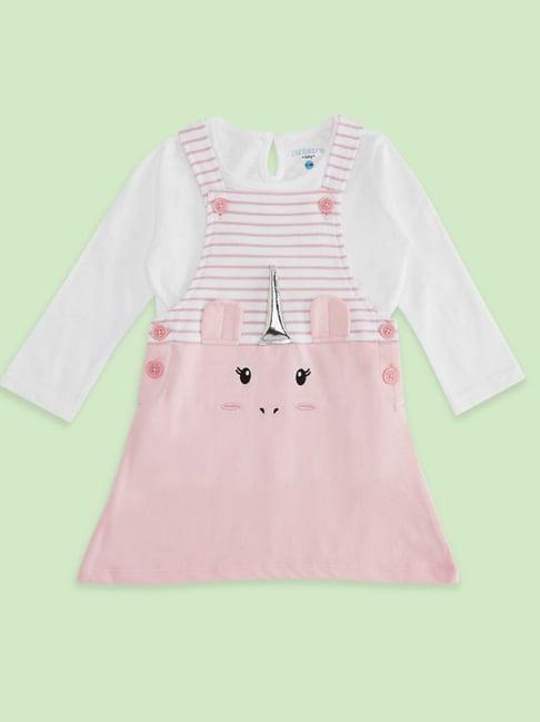 pantaloons baby pink & white cotton striped full sleeves dungaree set