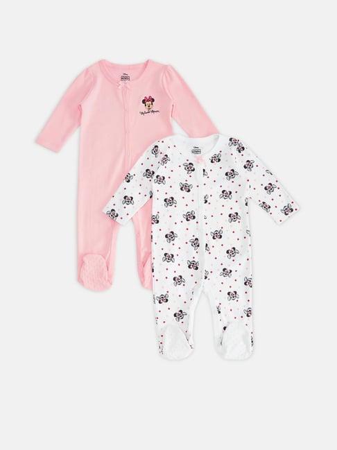pantaloons baby pink & white printed full sleeves sleepsuit (pack of 2)