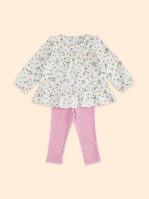 pantaloons baby white & pink cotton floral print full sleeves top set