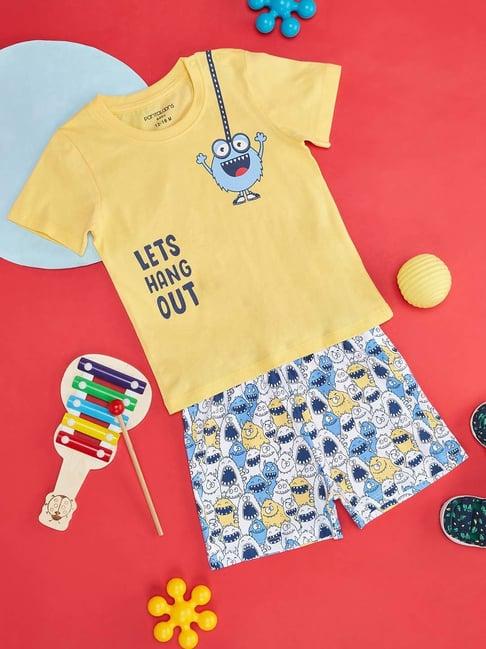 pantaloons baby yellow & blue cotton printed t-shirt set