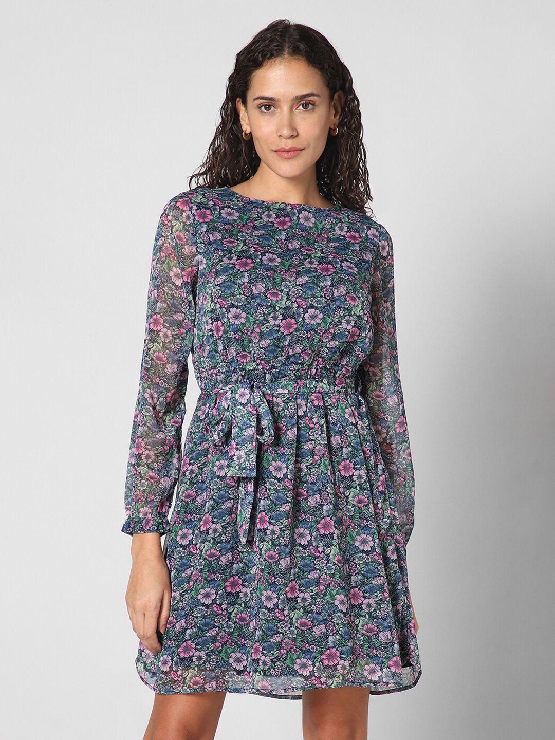 pantaloons floral printed boat neck tie-ups fit & flare dress