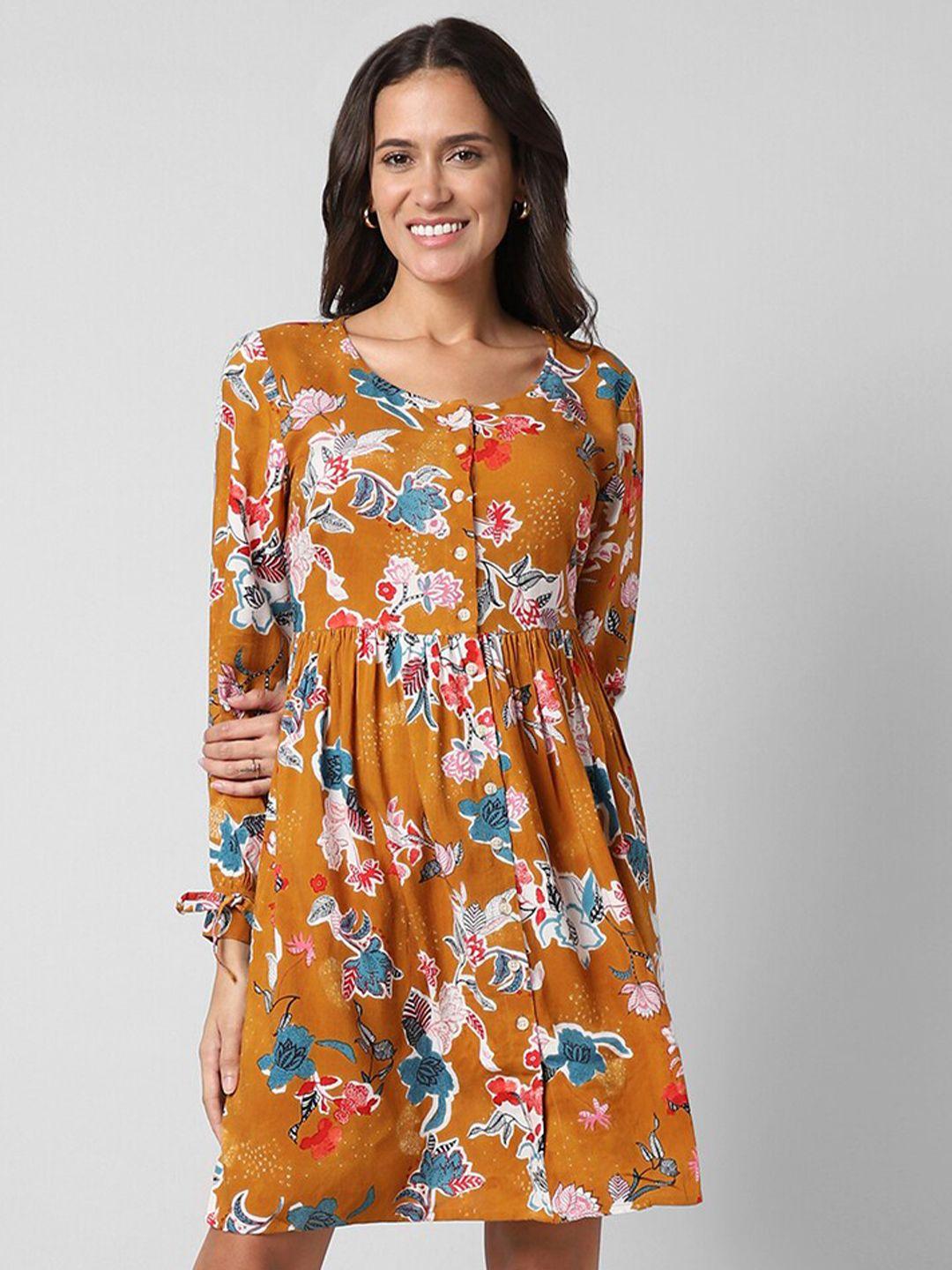 pantaloons floral printed cuffed sleeves gathered detail fit & flare dress