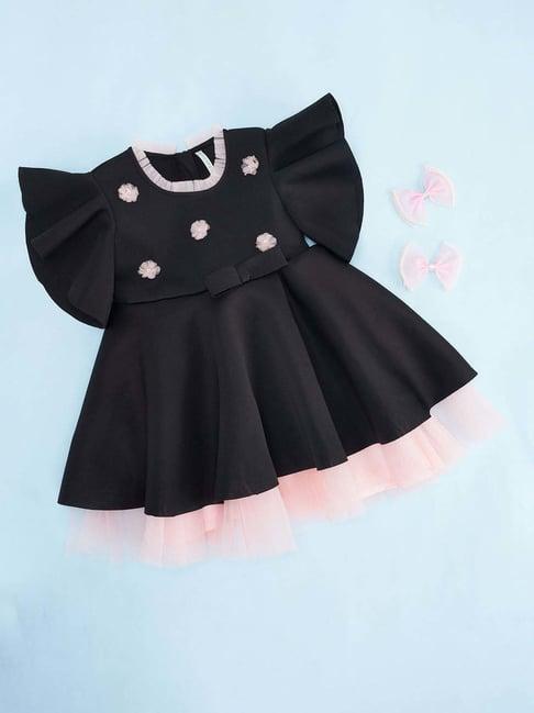 pantaloons junior black & pink cotton applique dress
