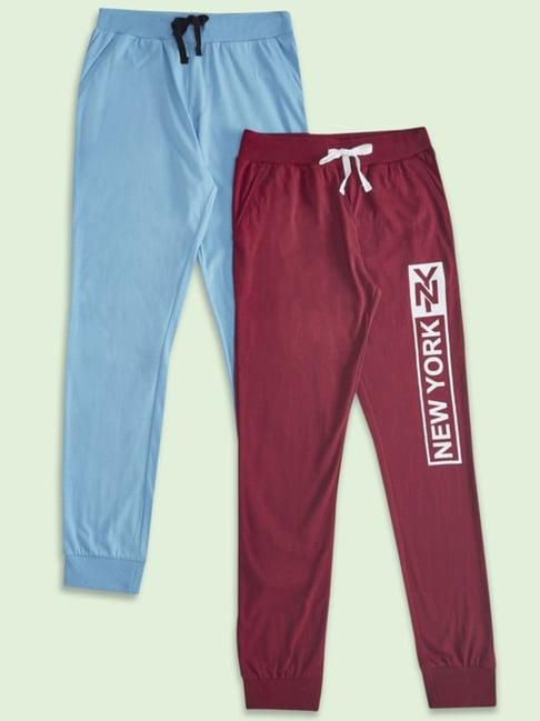 pantaloons junior blue & maroon cotton printed trackpants