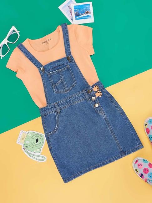 pantaloons junior blue & orange cotton regular fit dungaree set