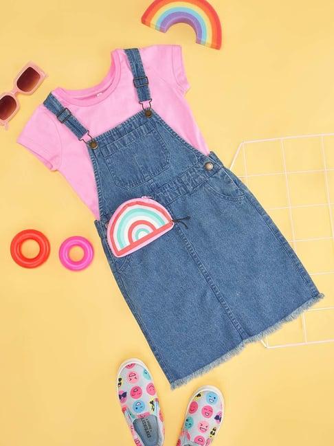 pantaloons junior blue & pink cotton applique dungaree set