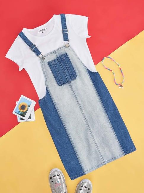 pantaloons junior blue & white cotton regular fit dungaree set